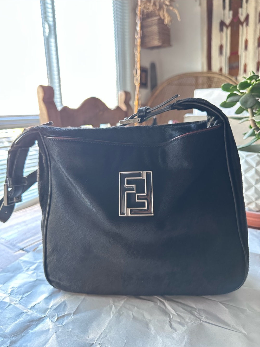 Fendi calf hair & leather hobo shoulder bag